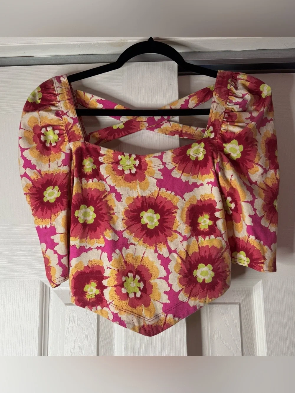 Free People Pink Watercolor Floral Square-Neck Puff Short Sleeve Blouse -Size XS